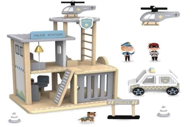 Holzgleis der Polizeistation + Parkplatz für Polizeiauto-Helikopter