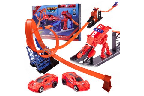 Pista per auto veloci, lanciatore, loop, collina dello scudo, contatore e 2 auto