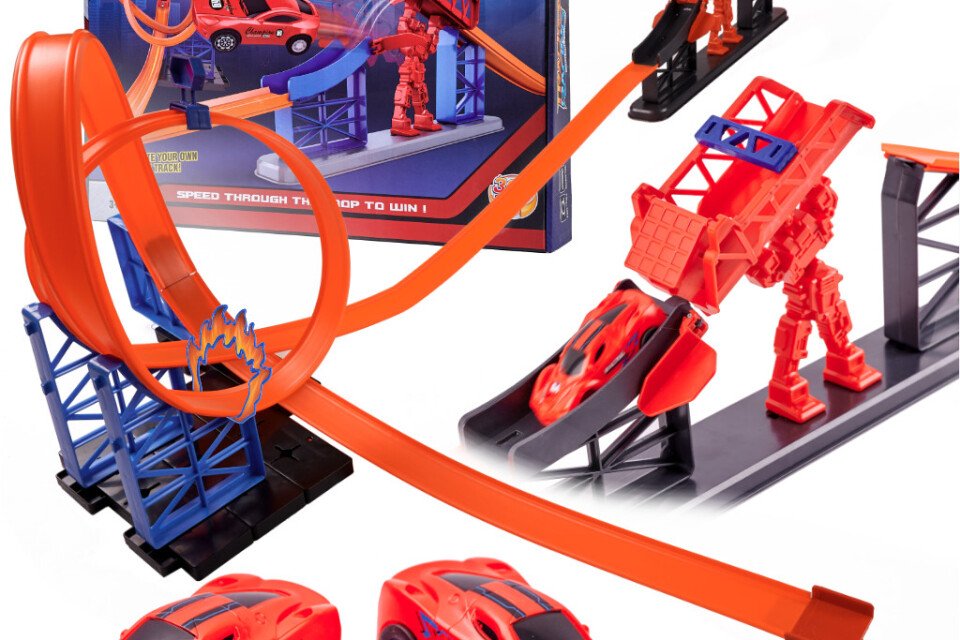 Pista per auto veloci, lanciatore, loop, collina dello scudo, contatore e 2 auto
