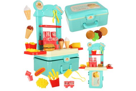 Set bucatarie pentru copii in valiza pentru hamburgeri fast-food, inghetata, cartofi prajiti, 55 cm