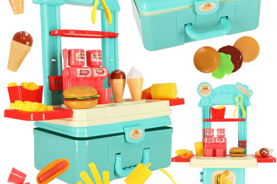 Set bucatarie pentru copii in valiza pentru hamburgeri fast-food, inghetata, cartofi prajiti, 55 cm