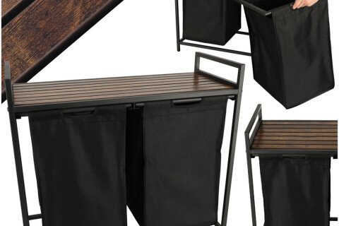 Wäschekorb mit zwei Fächern und Ablage, schwarz