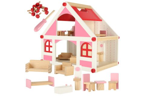 Casă din lemn pentru păpuși, alb, roz + mobilă, 36 cm