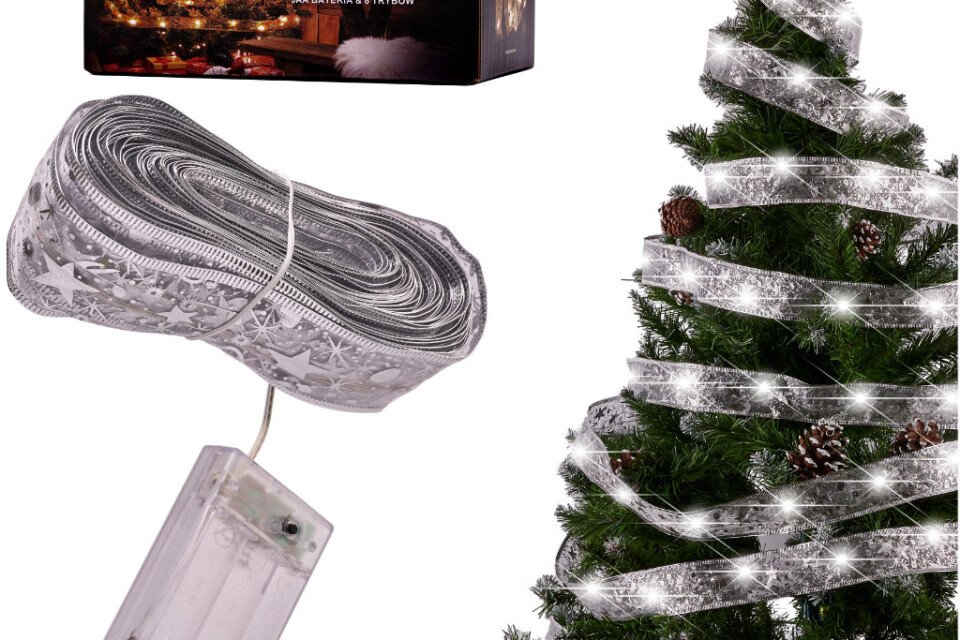 Okrasni LED trak 10m - 100LED lučke za božično drevo, hladno bela na baterije