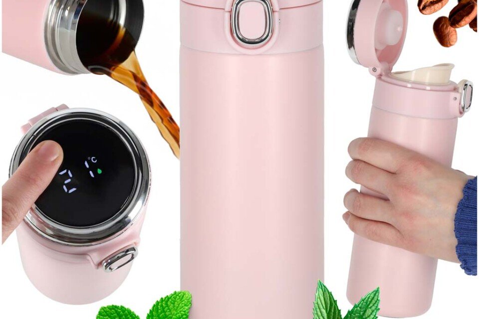 Termo šolja sa grlićem, LED termos, 420 ml, roze