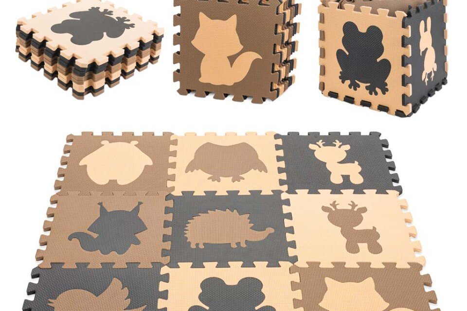 Puzzle piankowe dla dzieci 9 elementów, beżowo-brązowo-czarne, 85cm x 85cm x 1cm