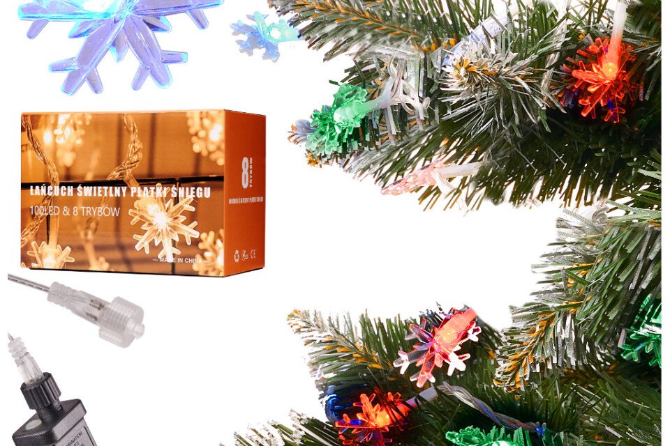 Lanț lumini LED - fulgi de nea, 10m 100LED - multicolor