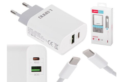 Ładowarka ścienna USB z szybkim ładowaniem + kabel typu C
