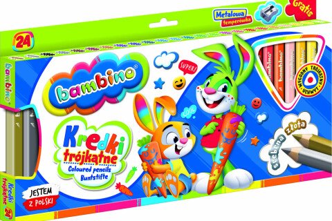 Trojhranné barevné tužky BAMBINO v dřevěném rámu - 24 barev + ořezávátko