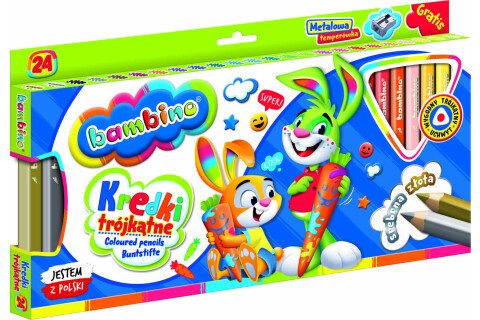 Trojhranné barevné tužky BAMBINO v dřevěném rámu - 24 barev + ořezávátko