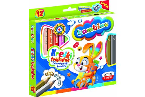 BAMBINO háromszög alakú színes ceruzák fa tokban - 12 szín + hegyező