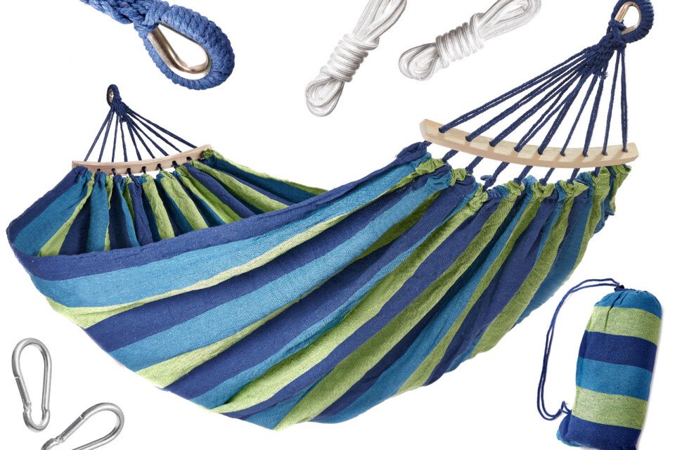 Houpací síť pro dvě osoby, 200x150 + montážní sada, modrá