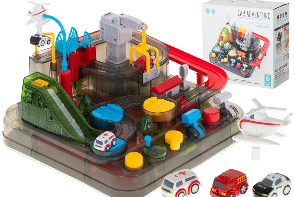 Parkplatz mit Hindernissen, LED-Rennen + 3 Fahrzeuge