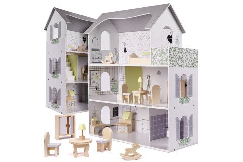 Lesena hiška za punčke + pohištvo - siva