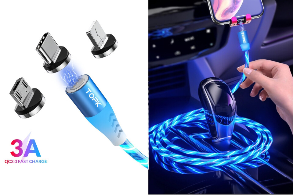 Cavo LED magnetico USB 3in1 QC3.0 18W 3A, micro USB, USB C e 8 pin, LED blu