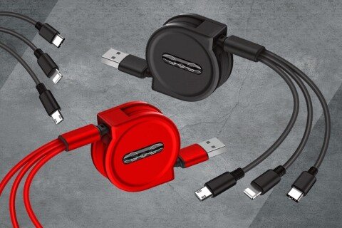 Cavo USB pieghevole 3 in 1, micro USB, 8 pin, USB C, 120 cm, rosso o nero